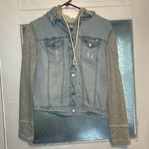 Mossimo Supply Co Juniors blue and gray Denim hooded button up jacket size large